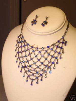 SKY BLUE BEADED DROP CHOKER NECKLACE PEWTER EARRINGS