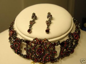 RED GARNET RUBY CRYSTAL CHOKER NECKLACE EARRING JEWELRY