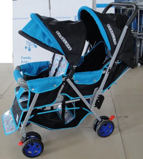DOUBLE Stroller BLUE Baby Strollers BEBELOVE 2 Seats Multiple Multi Twin  Child 