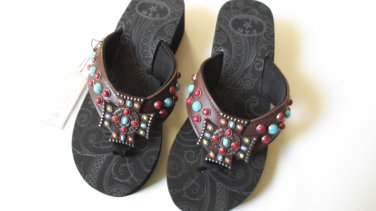 P&G Collection Flip Flops Cross Turquoise Colored Stone Studs Brown Sandal SZ 7