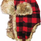 Red Black Plaid Trapper Hat Faux Fur Warm Winter Aviator Bomber Trooper Hunting