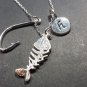 Fish Bone Fishing Hook Skeleton Necklace & Earrings Set Rhinestone Bling Abalone