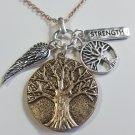 Tree of Life Strength Message Cluster Pendant Necklace & Earrings Set 27"  Gold