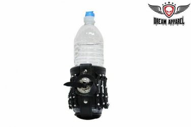 Leather Motorcycle Cup Holder With Concho Beads & Braid Water Bottle Genuine
