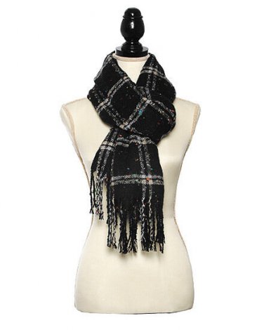 Acrylic Knit Boucle Multi Check Scarf Scarves Shawl Fringe Trim Wrap Winter Blk