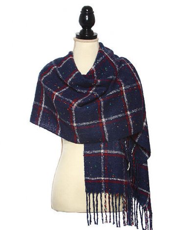 Acrylic Knit Boucle Multi Check Scarf Scarves Shawl Fringe Trim Wrap Winter NVY