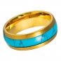Tungsten Ring Dome Yellow Gold Blue Plated Blue Turquoise Inlay 8mm Band Wedding
