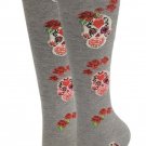Skulls and Roses Gray Socks Knee High Fun Novelty Socks Size 9-11 Day Of Dead