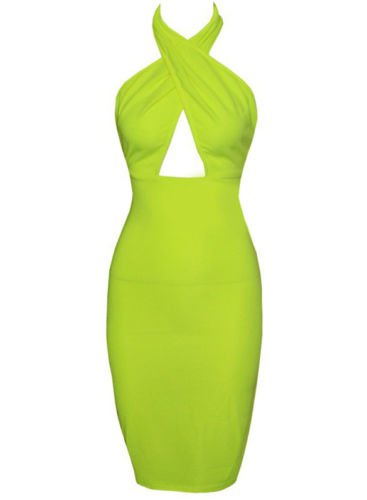 Size 4 Lime Green Halter Neck Top Bodycon Slim Fitting Dinner, Night or Clubbing Dress
