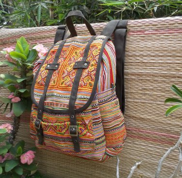 backpack / hill tribe bag / hmong bag / backpack with leather strap ( EVB005)