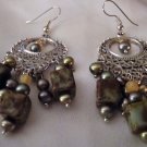 ED Green, Silver and Beige Beaded Chandelier Earrings