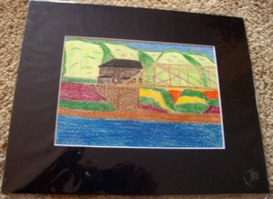 ED Catskill Bridge Colored Pencil Drawing 8x10 Black Mat