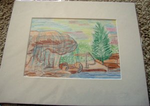 ED Pool Waterfalls Colored Pencil Drawing Matted 8x10