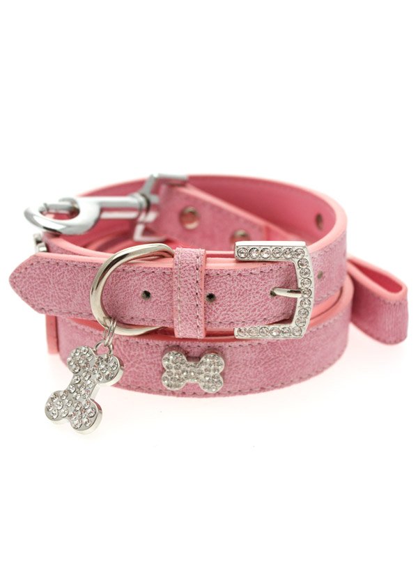 Dog Collars Pink Leather Diamante Collar Diamante Bone Charm & Leash Set