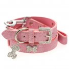Dog Collars Pink Leather Diamante Collar - Diamante Bone Charm & Leash Set