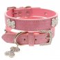 Dog Collars Pink Leather Diamante Collar - Diamante Bone Charm & Leash Set