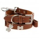 Dog Collars Brown Leather Diamante Collar-Diamante Bone Charm & Leash Set