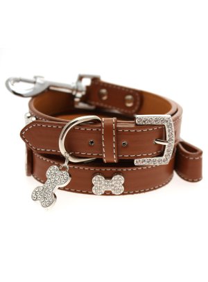 Dog Collars Brown Leather Diamante Collar-Diamante Bone Charm & Leash Set