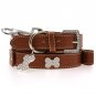 Dog Collars Brown Leather Diamante Collar-Diamante Bone Charm & Leash Set