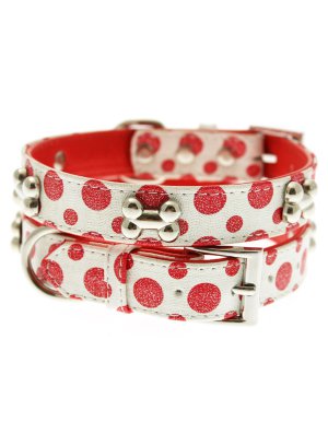 Dog Collars Red - White Polka Dot Glitter Silver Bone Collar & Leash Set