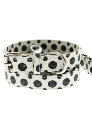Dog Collars Black - White Polka Dot Glitter Silver Bone Collar & Leash Set