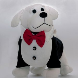 Dog Clothes Adorable White Cotton Piquet Tux Bib with Red Satin Bowtie