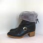 1970's Vintage Black Leather Ankle Boots Grey Fur Cuffs sz 7.5