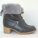 1970's Vintage Black Leather Ankle Boots Grey Fur Cuffs sz 7.5