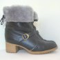 1970's Vintage Black Leather Ankle Boots Grey Fur Cuffs sz 7.5