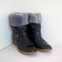 1970's Vintage Black Leather Ankle Boots Grey Fur Cuffs sz 7.5