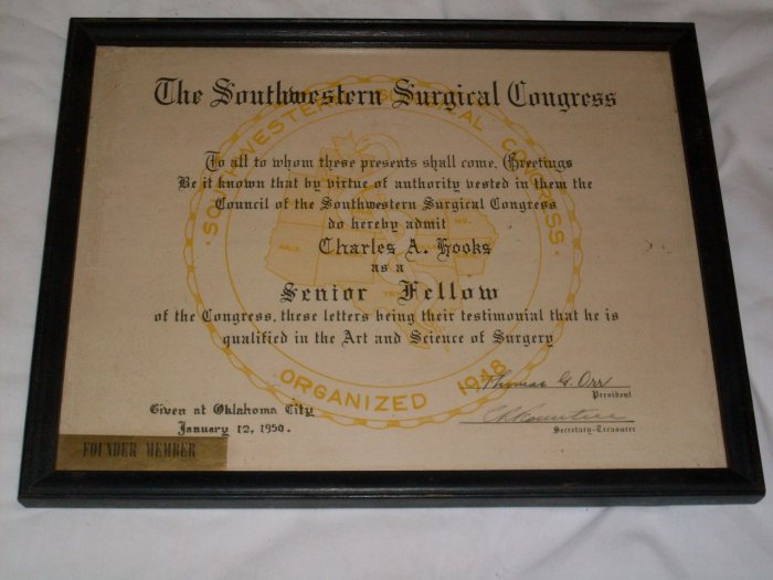 1950 Southwestern Surgical Congress Fellow Certificate