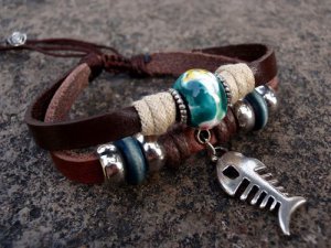 Fish bone leather bracelet, ceramic flower beads
