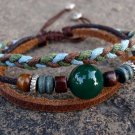 Gem stone leather bracelet with woven hemp, size adjustable