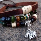 Elephant Beaded Multi-strand Leather Zen Bracelet - Silver elephant charm