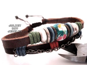 Big blue ceramic zen bead leather handmade bracelet