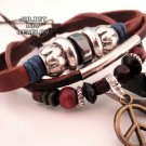 Peace sign leather bracelet, brass peace sign drops