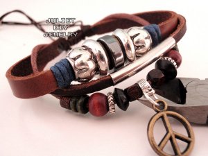 Peace sign leather bracelet, brass peace sign drops