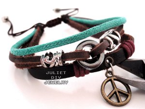 Peace sign rugged leather bracelet, peace sign addict bracelet.