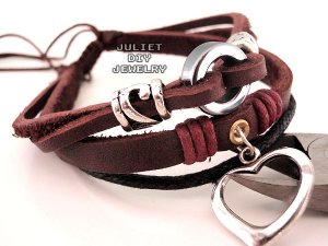 Silver heart charm leather bracelet