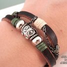 Owl silver beads leather bracelet, owl bracelets