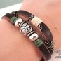 Owl silver beads leather bracelet, owl bracelets
