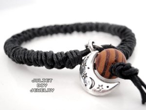 Silver moon charm black hemp woven bracelet
