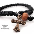 Antique bronze cross charm black hemp woven bracelet
