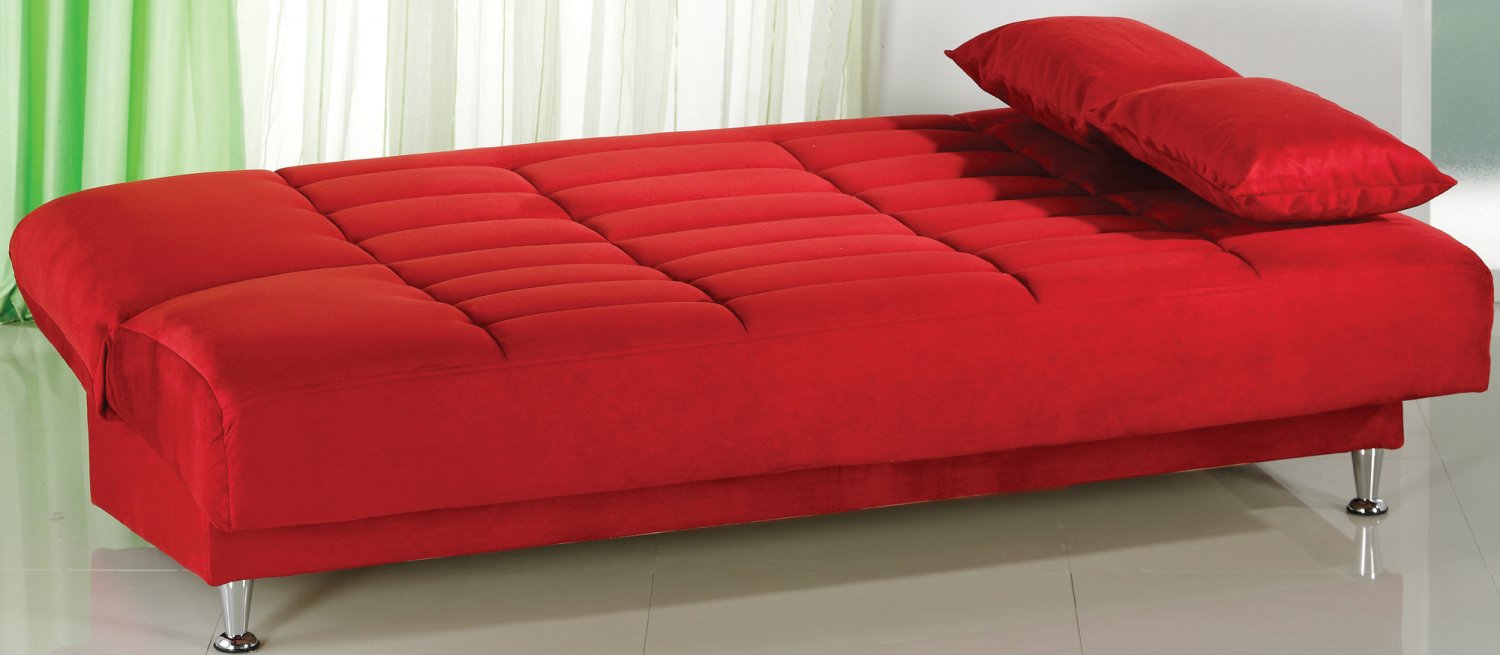 red sofa bed with storage