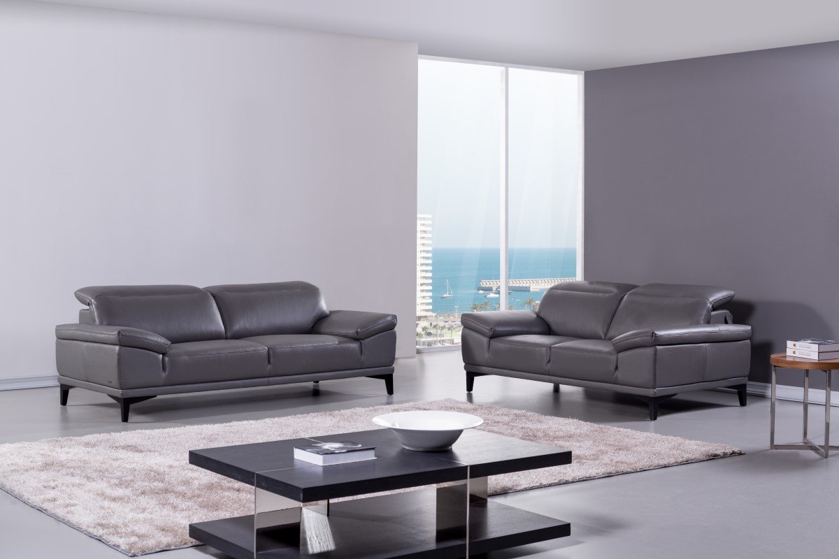 grey leather sofa and loveseat