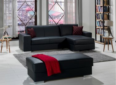Kobe 2pc Sectional Sofa Bed with Storage in Black PU
