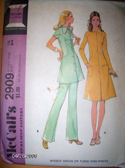 Vintage 1970s 2909 Step by Step McCalls Pattern, Misses Dress or Tunic and Pants Size 12 Uncut