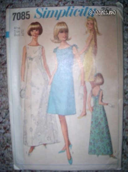 Vintage 1960s Simplicity 7085 Pattern Gown, Dress Size 12, bust 32, Uncut