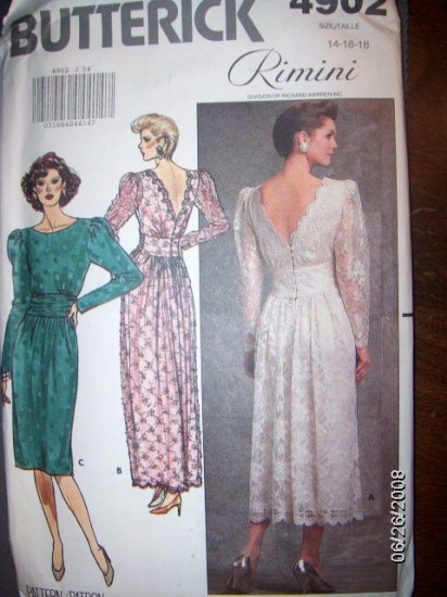 Vintage Butterick 4902 Rimini Designer Pattern Dress Size 14 16 18, Bust 36, 38, 40, Uncut