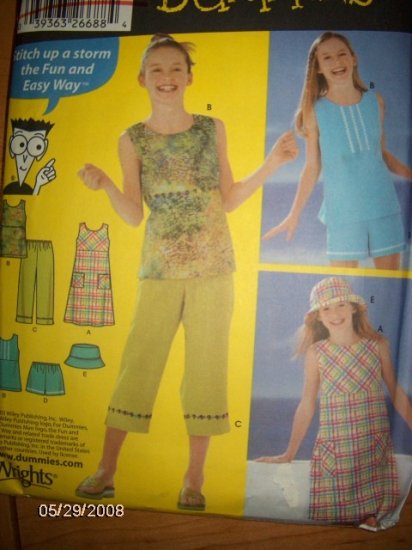 Simplicity 5577 Girls Pullover Dress or Top, Capris, Shorts & Hat  Pattern Sz 12 14 16 Uncut